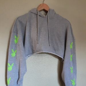 Gray Cropped Hoodie with Green Bunny Print